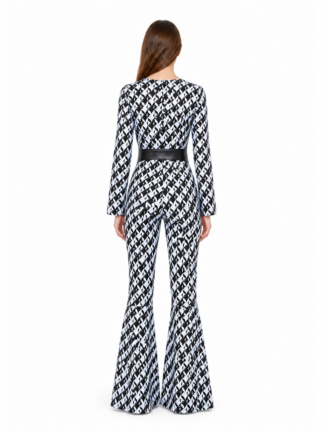 Black-and-White Jumpsuit with Geometric Print and Belt back view