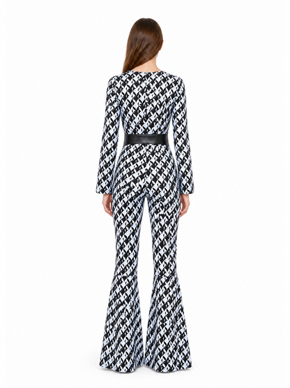 Black-and-White Jumpsuit with Geometric Print and Belt back view