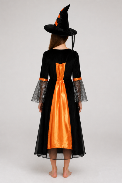 Halloween Costume with Dress, Hat, and Spiderweb Accessory back view