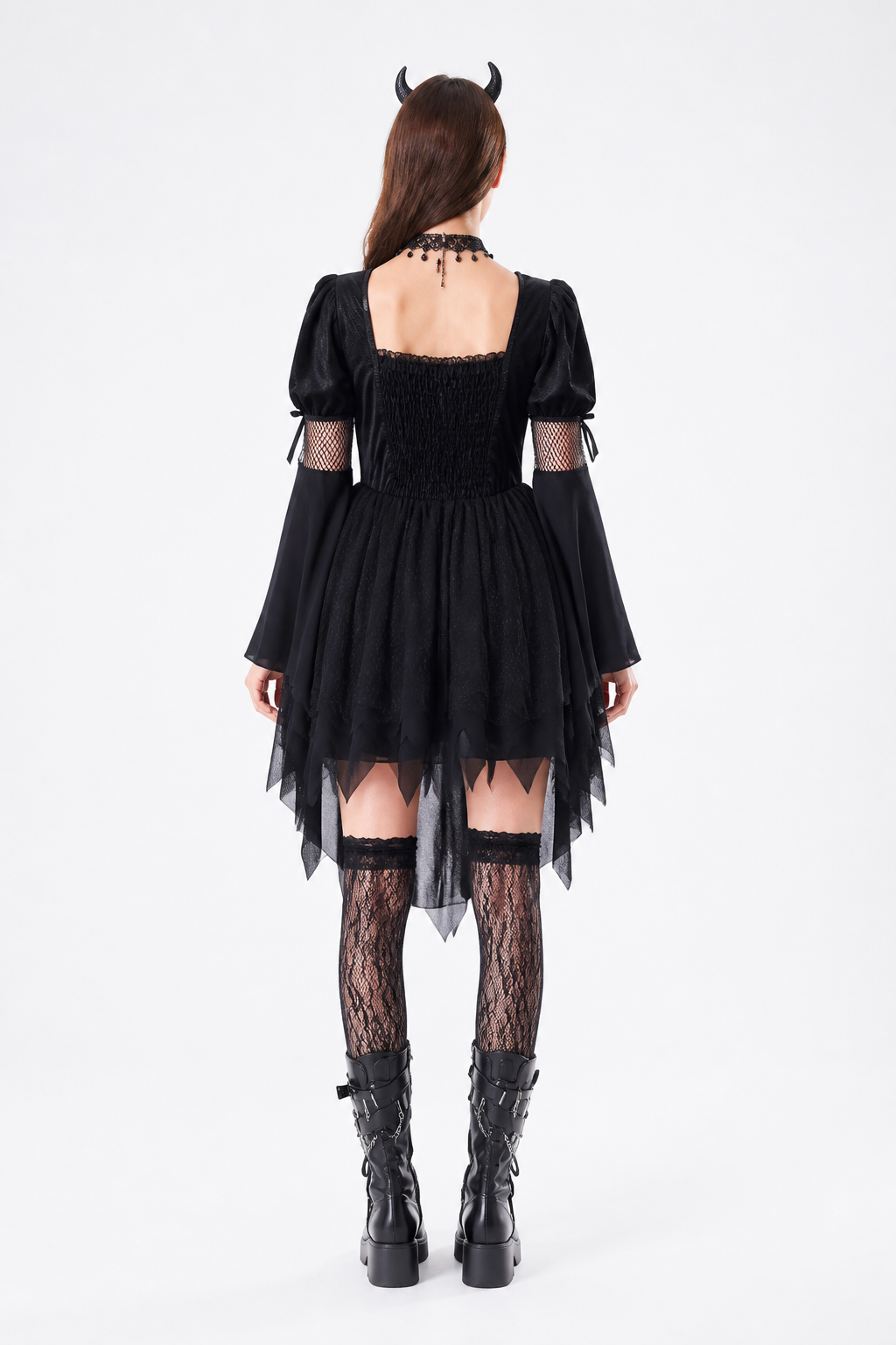 Black Gothic Witch Dress for Halloween and Stage Performances back view