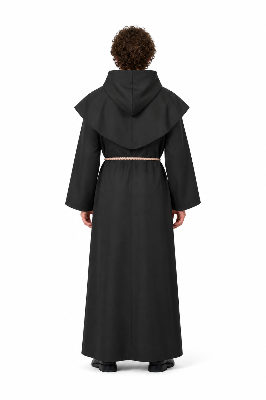 Monk's robe with hood, shoulder cape, and belt back view