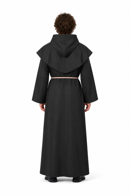 Monk's robe with hood, shoulder cape, and belt back view