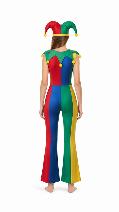 Clown Costume, Multicolored Jumpsuit with Hat back view