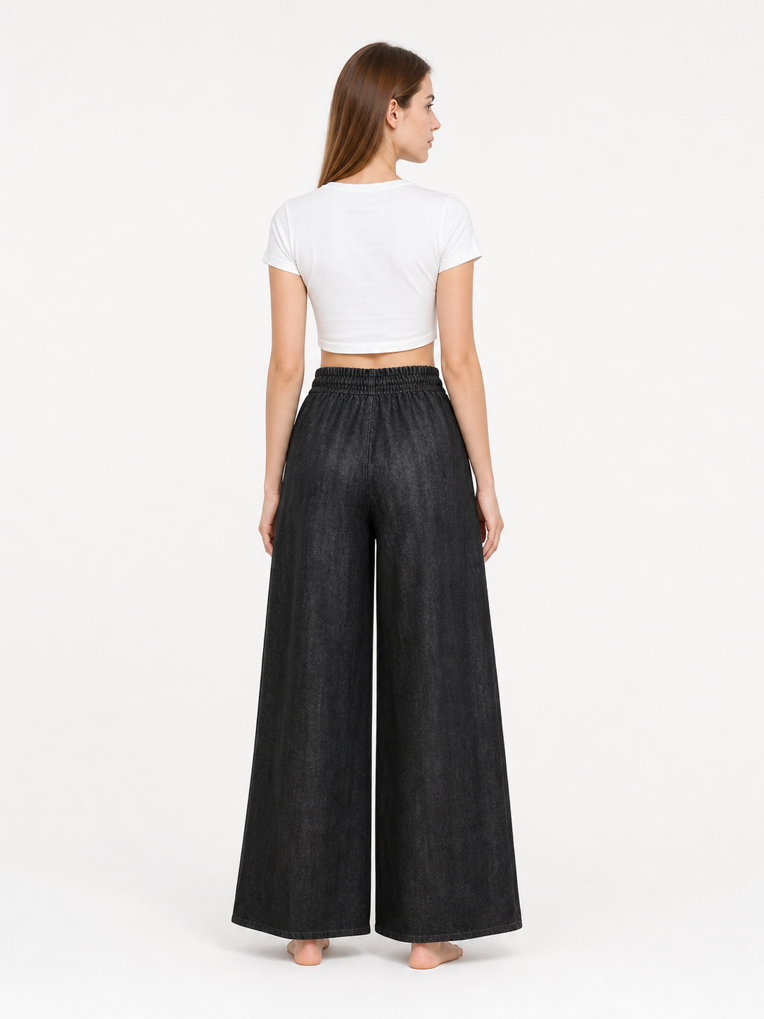 Solid Black Wide-Leg Pants with Elastic Waist and Contrast White Drawstrings back view 3