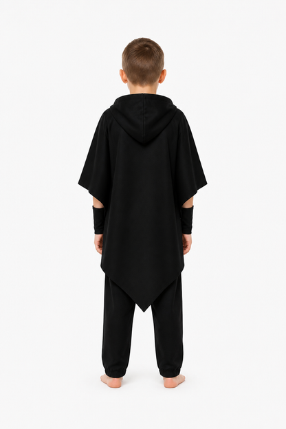 Long Black Hooded Masquerade Costume back view