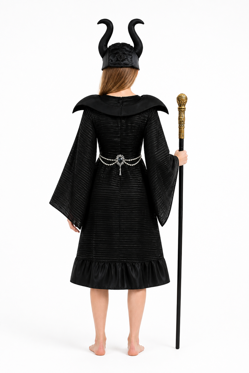Black Halloween witch costume with crown and wand back view
