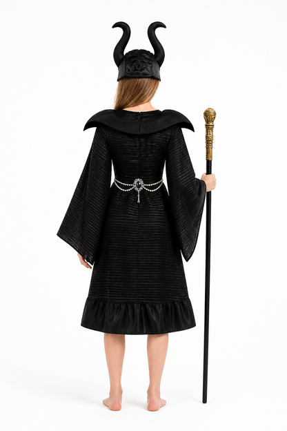 Black Halloween witch costume with crown and wand back view