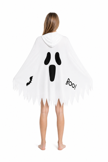 White Hooded Cape with Ghost Print for Halloween back view