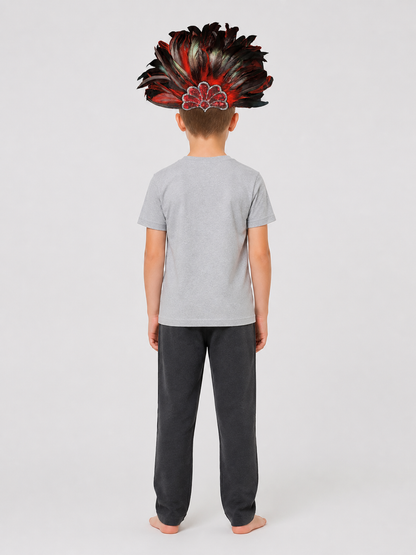 Back view of a child wearing the feathered headpiece, showing the red and black plumes and front jeweled panel