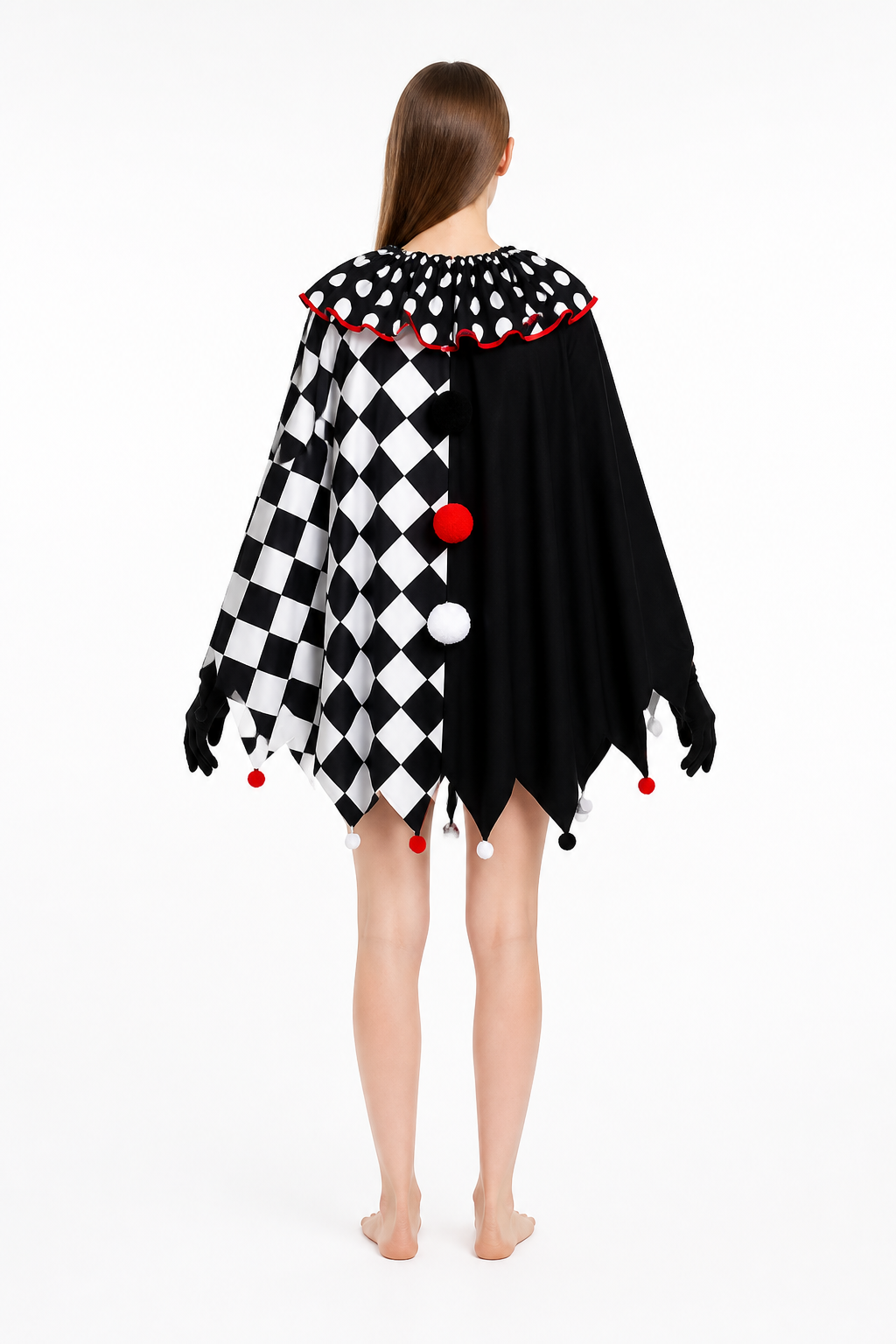 Clown Cape Cloak with Gloves and Pompoms back view