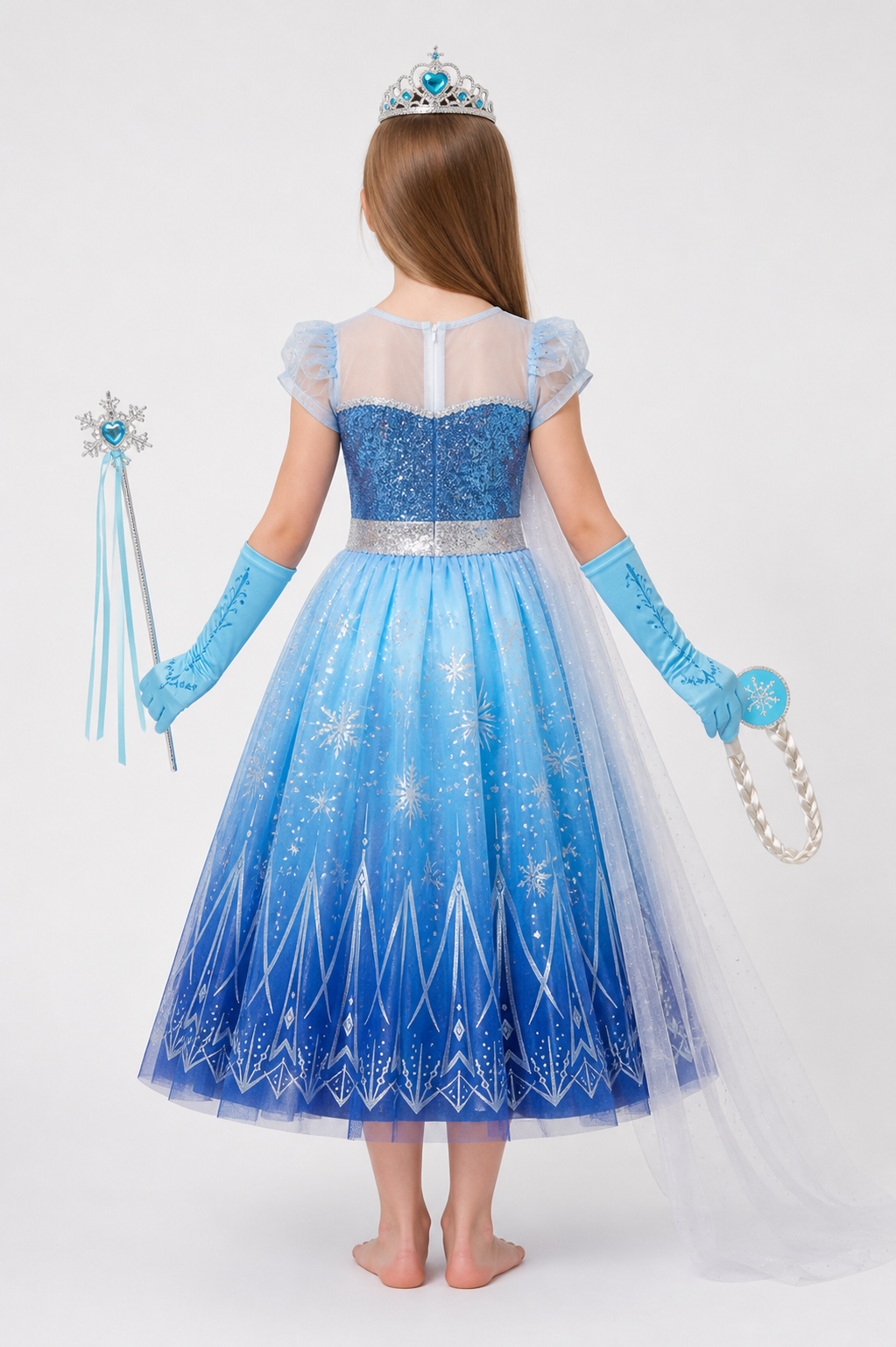 Light-Up Elsa Costume with Train and Snowflakes back view