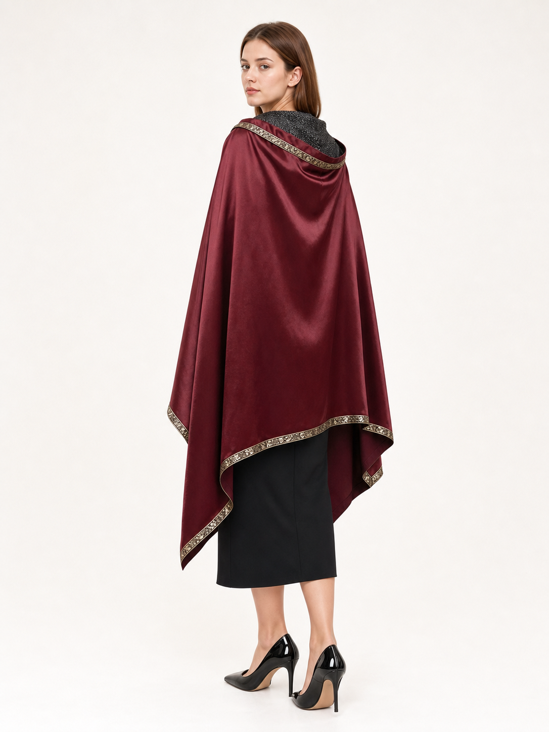 Burgundy velvet-look hooded costume cape product view 45