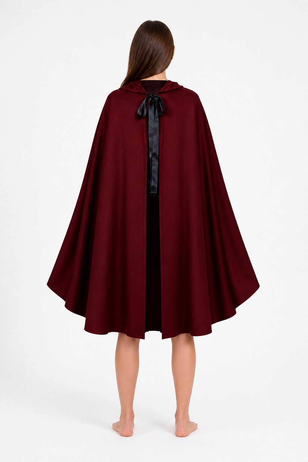 Wine-Colored Hooded Cape with Black Ties for Halloween back view