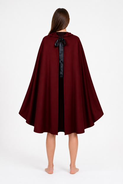 Wine-Colored Hooded Cape with Black Ties for Halloween back view