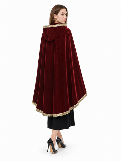 Burgundy Carnival Cape with Hood and Gold Trim
