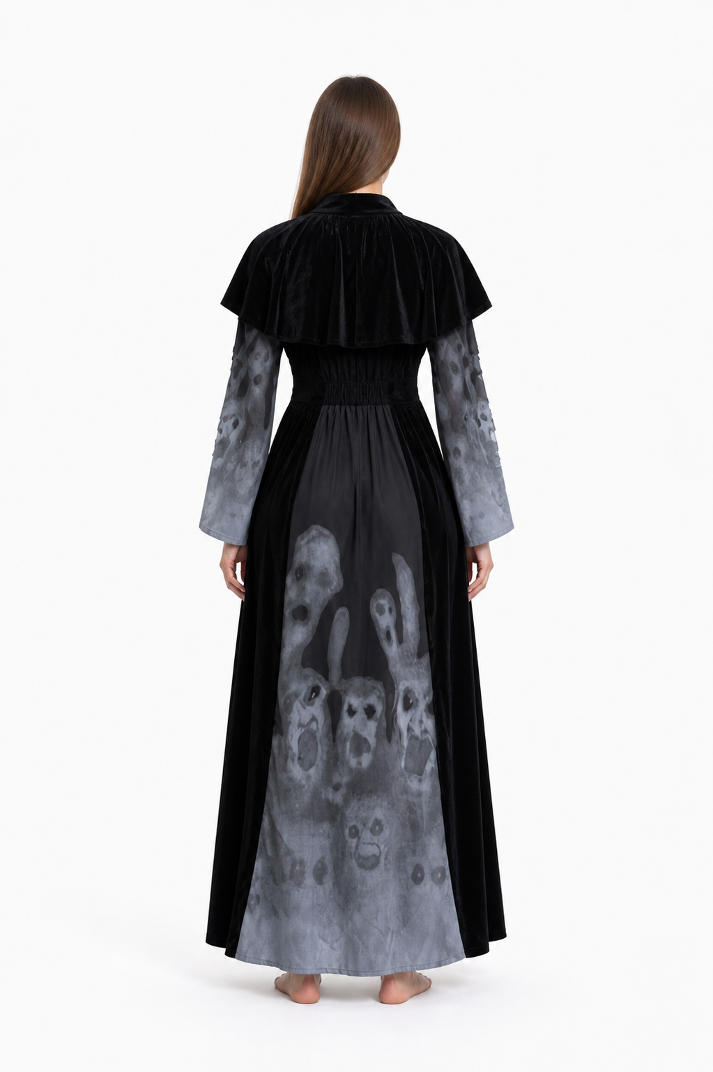 Black Halloween Dress with Cape and Ghost Print back view