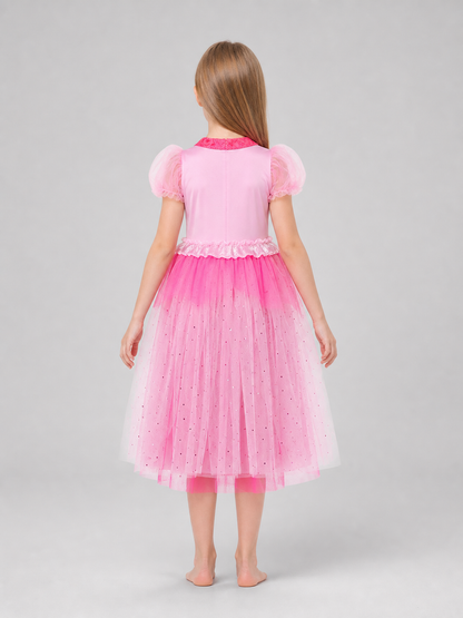 A bright pink Princess Peach costume created for transforming into a fairytale