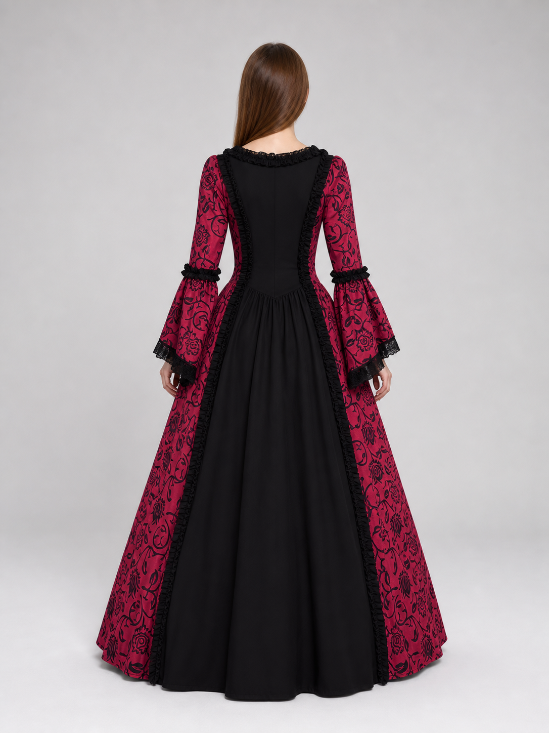 Women’s Gothic Medieval Court Costume Dress 2pcs Set With Neck Accessory, Red Black Scroll Print, Square Neck Long Sleeve Cosplay Outfit
