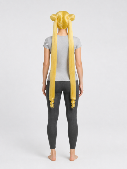 Blonde Anime Wig with Bangs, Double Buns for Cosplay back view