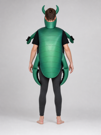 The beetle costume features a full-body insect silhouette with a large segmented green panel on the abdomen. The look is completed by a curved headpiece resembling horns, along with green side and hand elements that imitate insect limbs. Th
