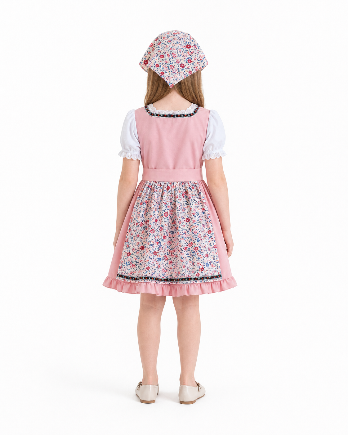 Children's dirndl-style dress with apron and headscarf
