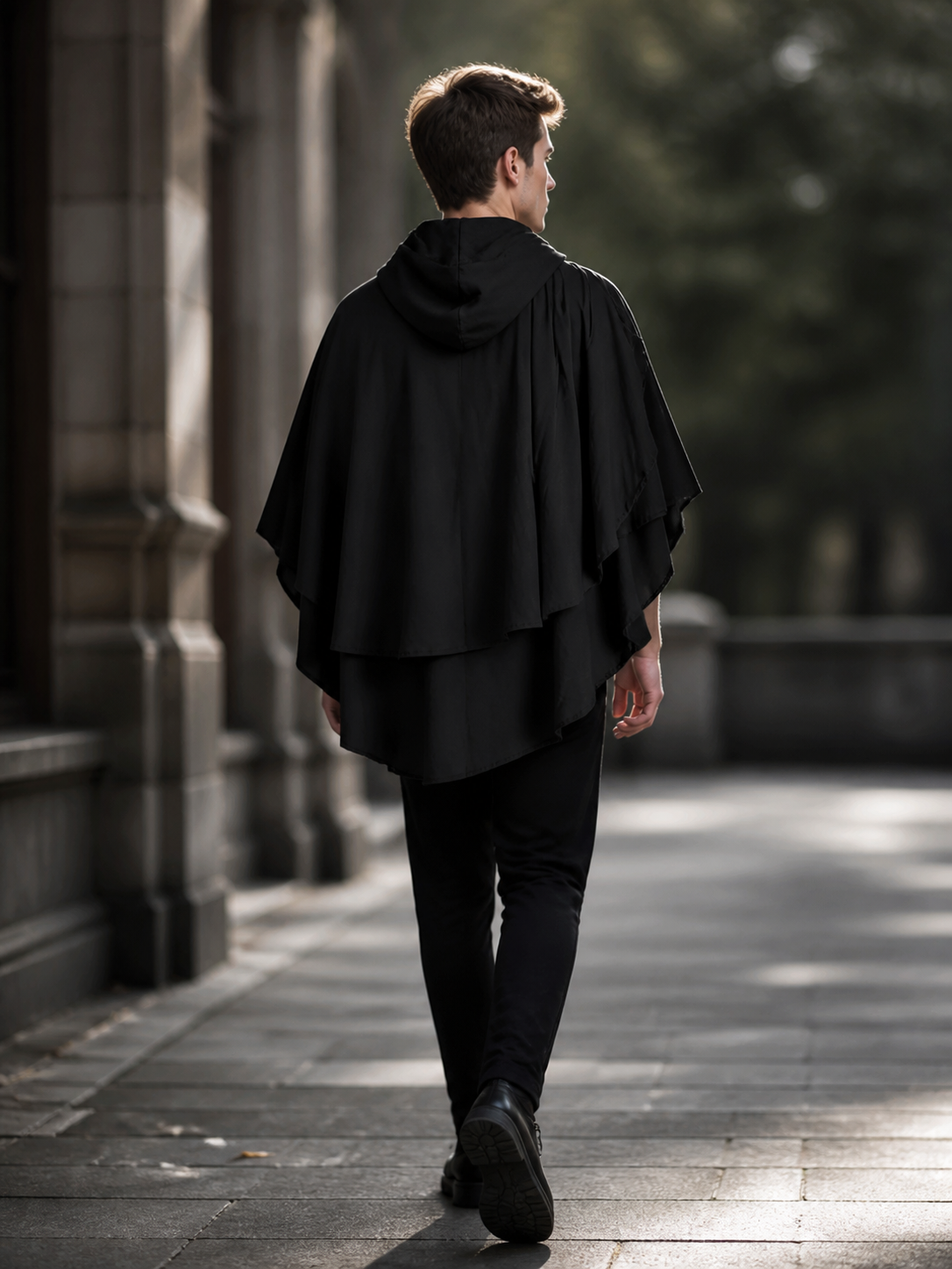 Women's Gothic Hooded Cape Cloak for Halloween Cosplay, Black Flowing Draped back view