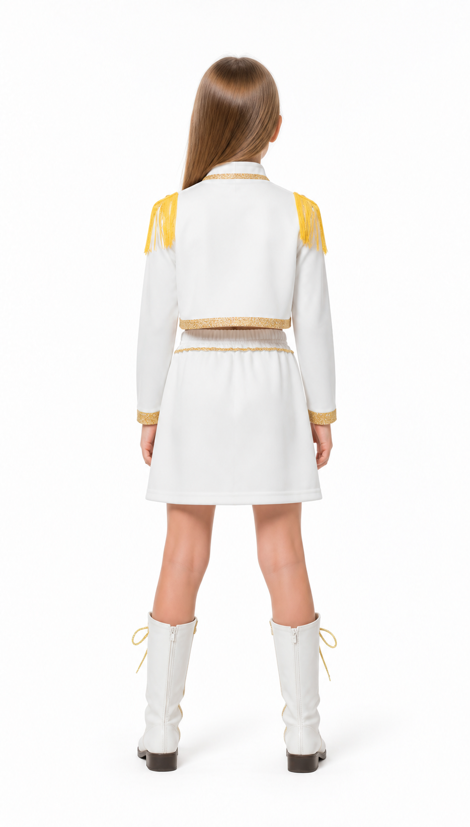 White Children's Stage Costume with Gold Fringe back view