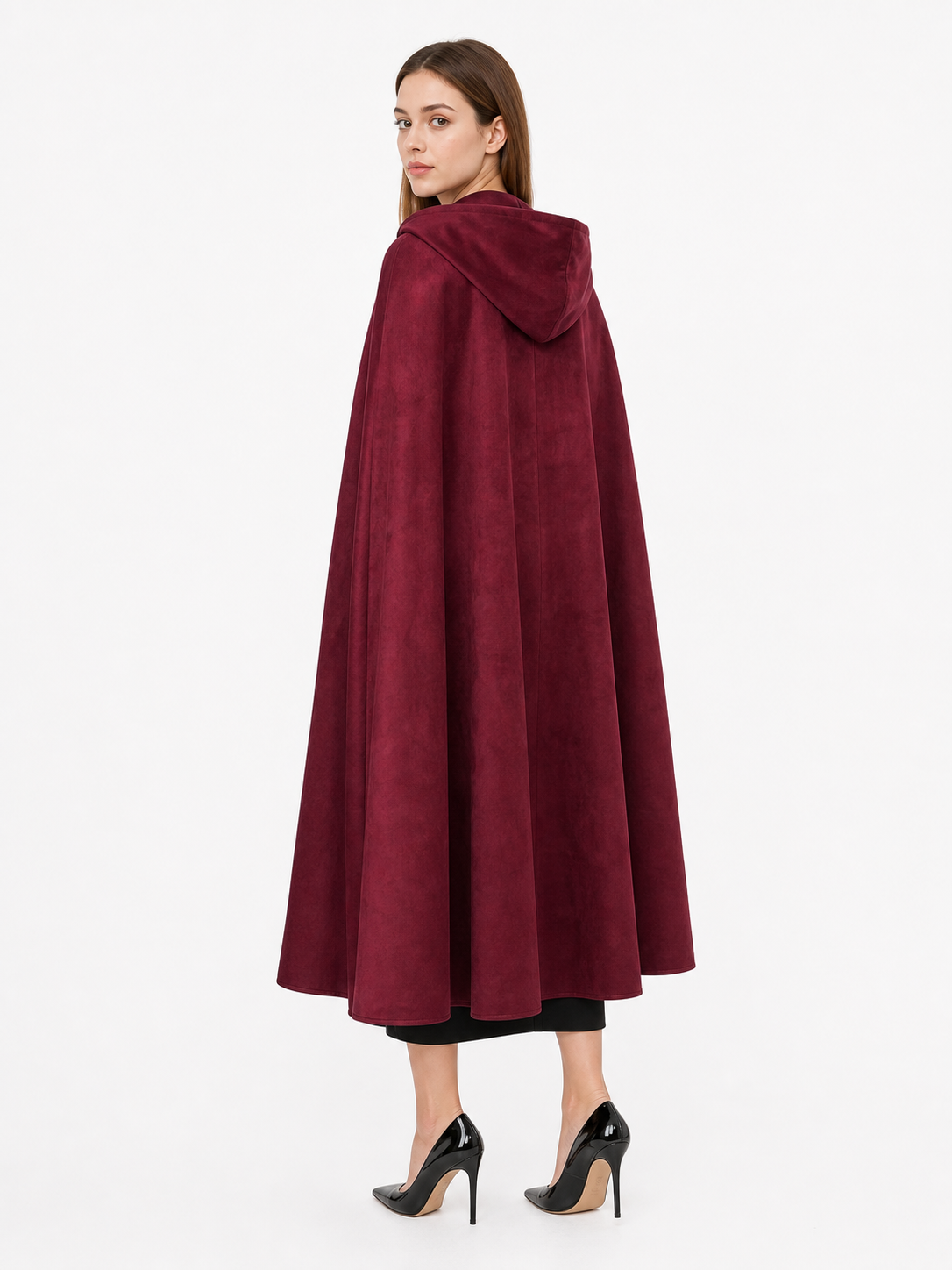 Long burgundy carnival cloak with hood