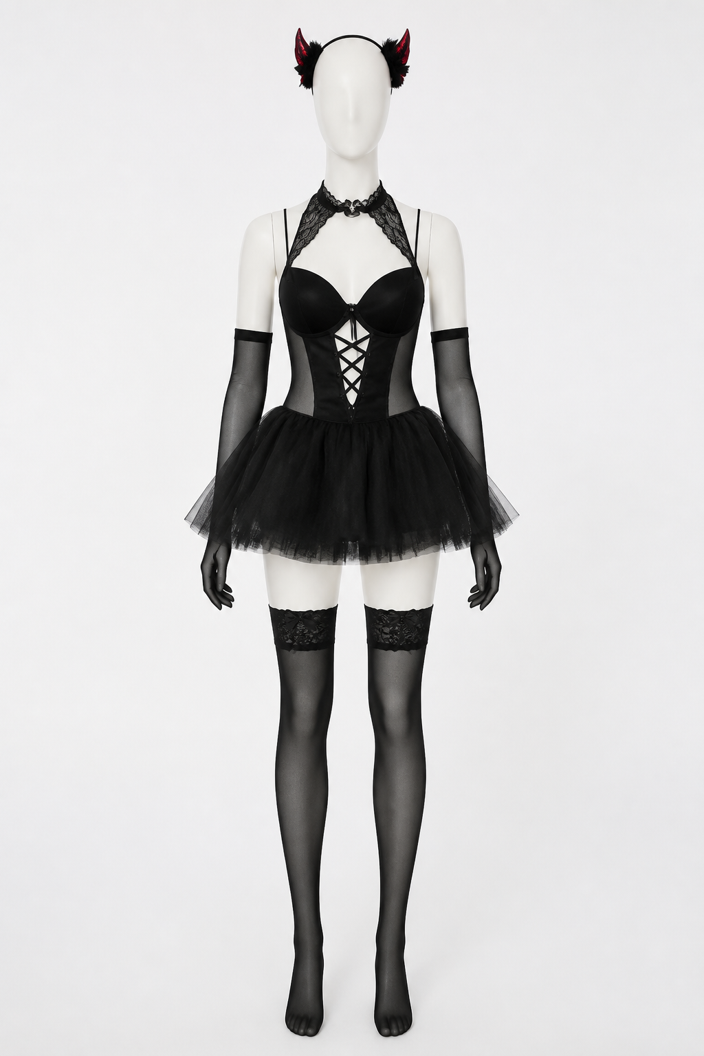 Black Devil Costume with Horns and a Flared Skirt back view