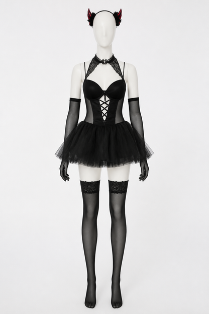 Black Devil Costume with Horns and a Flared Skirt back view