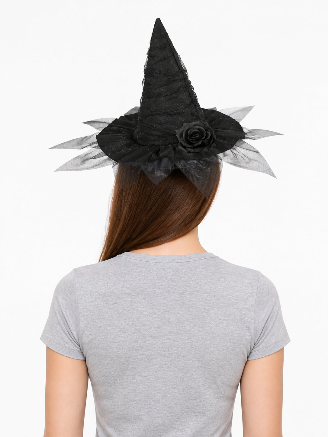 Black Halloween Witch Hat with Black Rose, Tall Pointed Wide Brim Mesh Costume Hat for Gothic Parties and Decorations