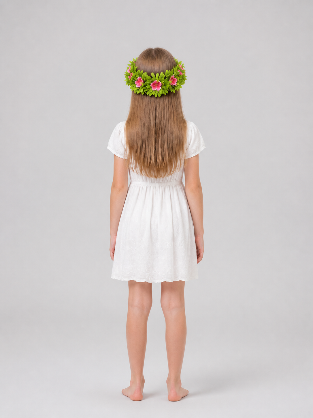 Carnival Headpiece: Pink Flowers and Green Leaves back view