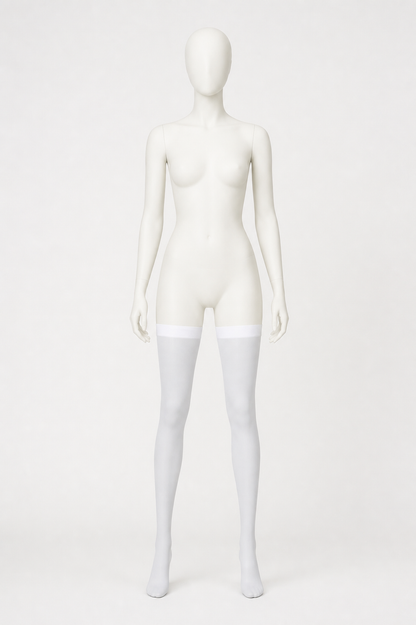 White stockings with a pointed toe and wide elastic band back view