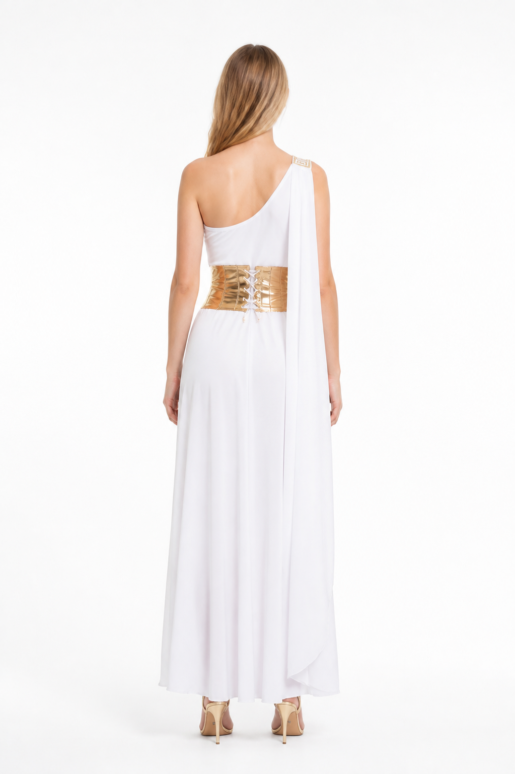 White Cleopatra Costume with Gold Belt and High Slit back view