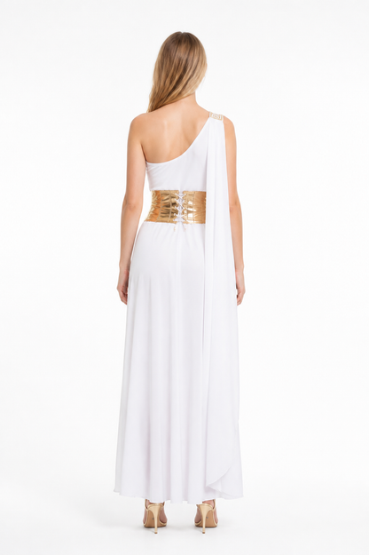 White Cleopatra Costume with Gold Belt and High Slit back view