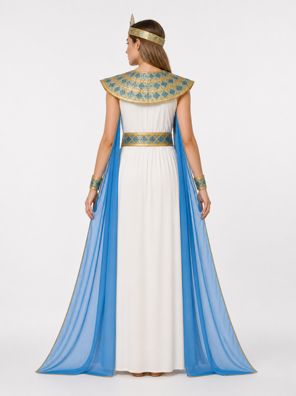 Cleopatra Costume with White Dress and Blue Cape back view