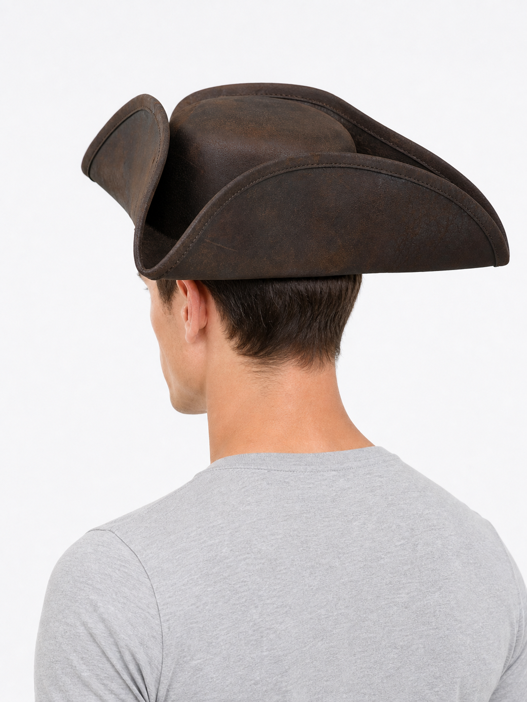 Dark Brown Tricorn Pirate Hat, Three-Cornered Structured Crown with Broad Curved Upturned Brim and Stitched Edging for Cosplay Costumes, Theatrical Performances and Fantasy Events