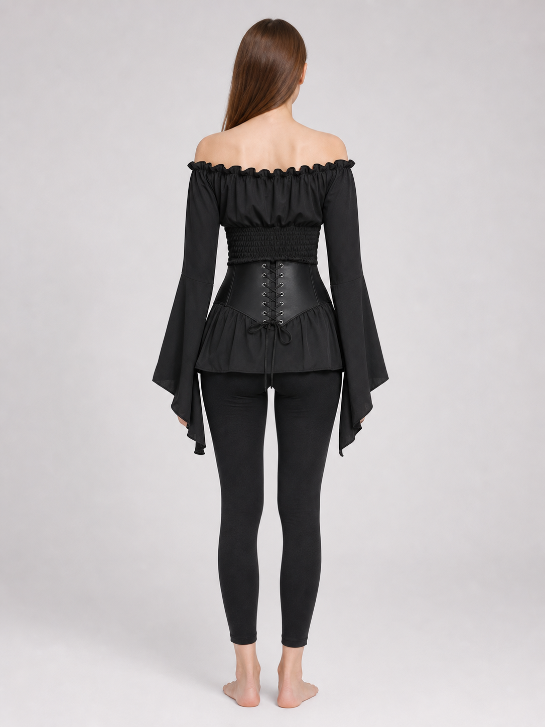 Black Gothic Peplum Top with Lace-Up Belt