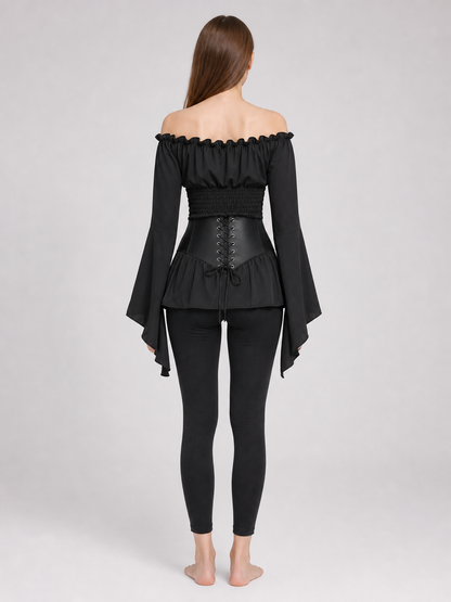 Black Gothic Peplum Top with Lace-Up Belt