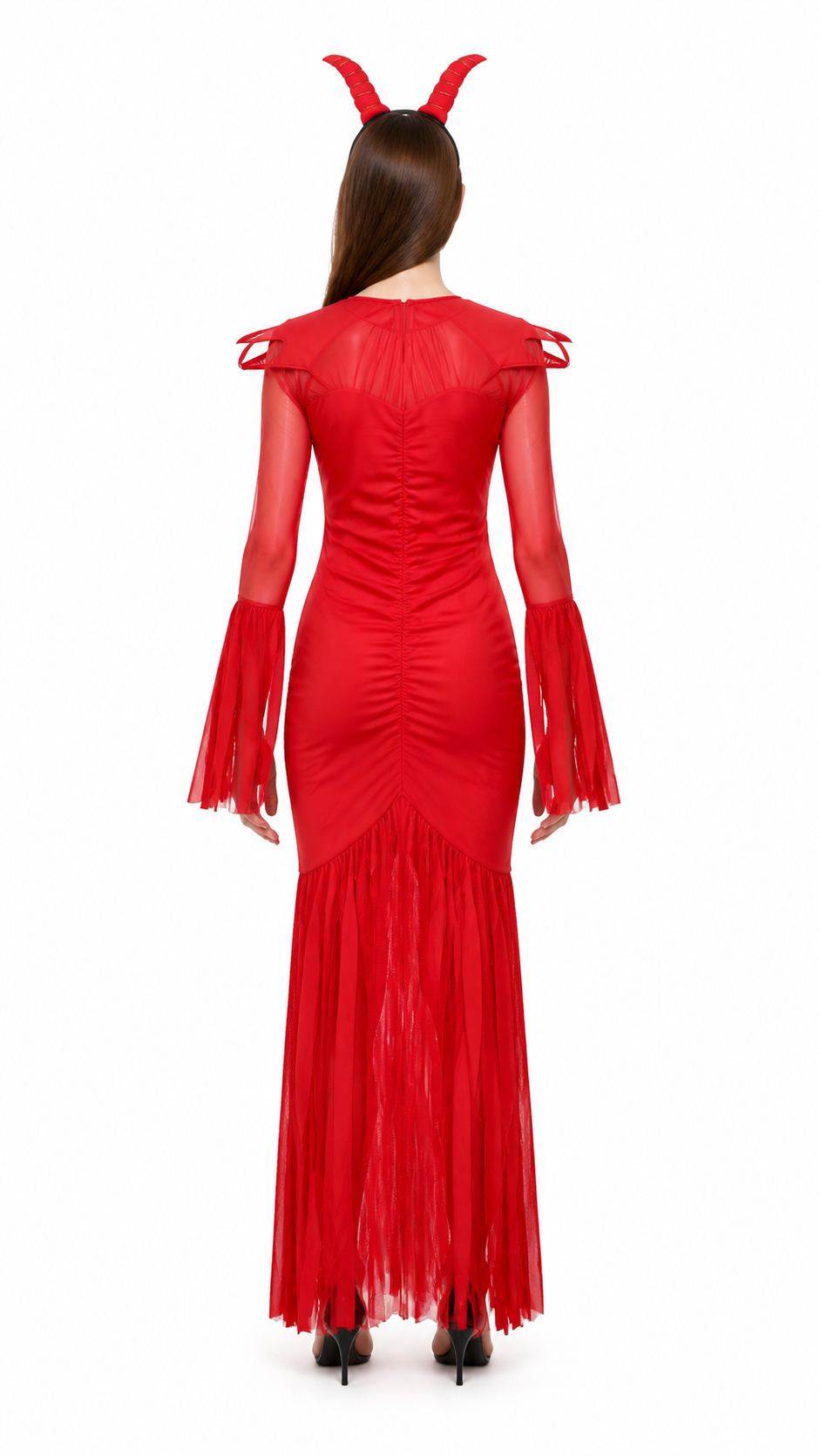 Devil Costume with Horns, Red Long Dress back view