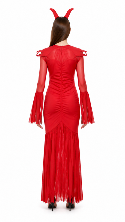 Devil Costume with Horns, Red Long Dress back view