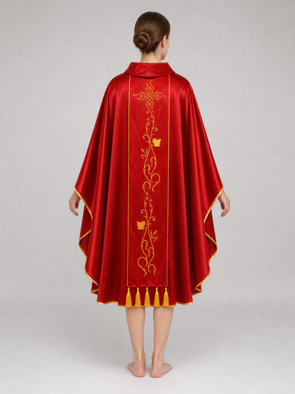 Medieval European Cosplay Vestment, Loose Sleeveless Poncho-Style Robe With Stand Collar, Gold Embroidery, Trim And Fringe For Stage Performance