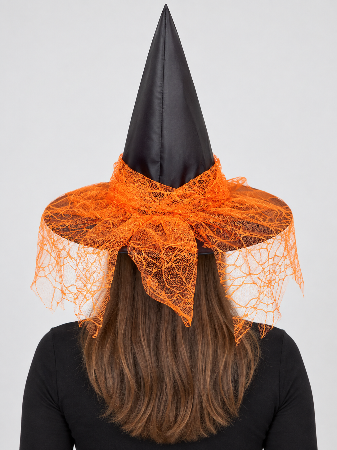 Witch Hat with Mesh Bow and Rhinestones, Black and Orange