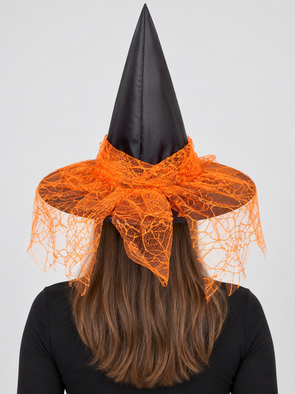 Witch Hat with Mesh Bow and Rhinestones, Black and Orange