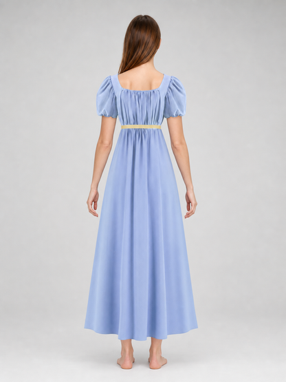 Bridgerton-style dress with a square neckline