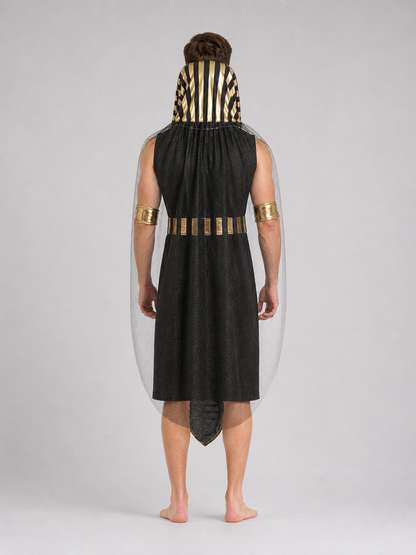 Men’s Egyptian Pharaoh Halloween Costume Set, 4-Piece Role Play Outfit with Headpiece, Neck Ornament and Belt for Cosplay Stage Performance