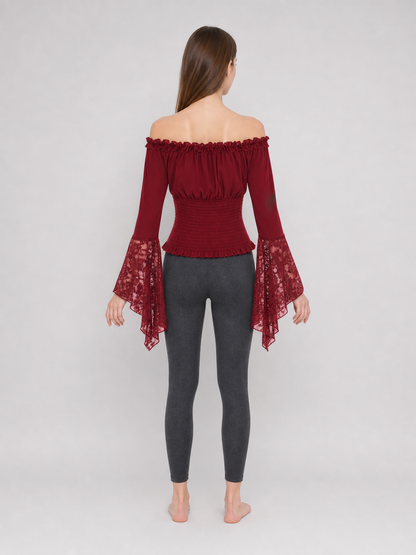 Off-Shoulder Blouse with Lace Cuffs