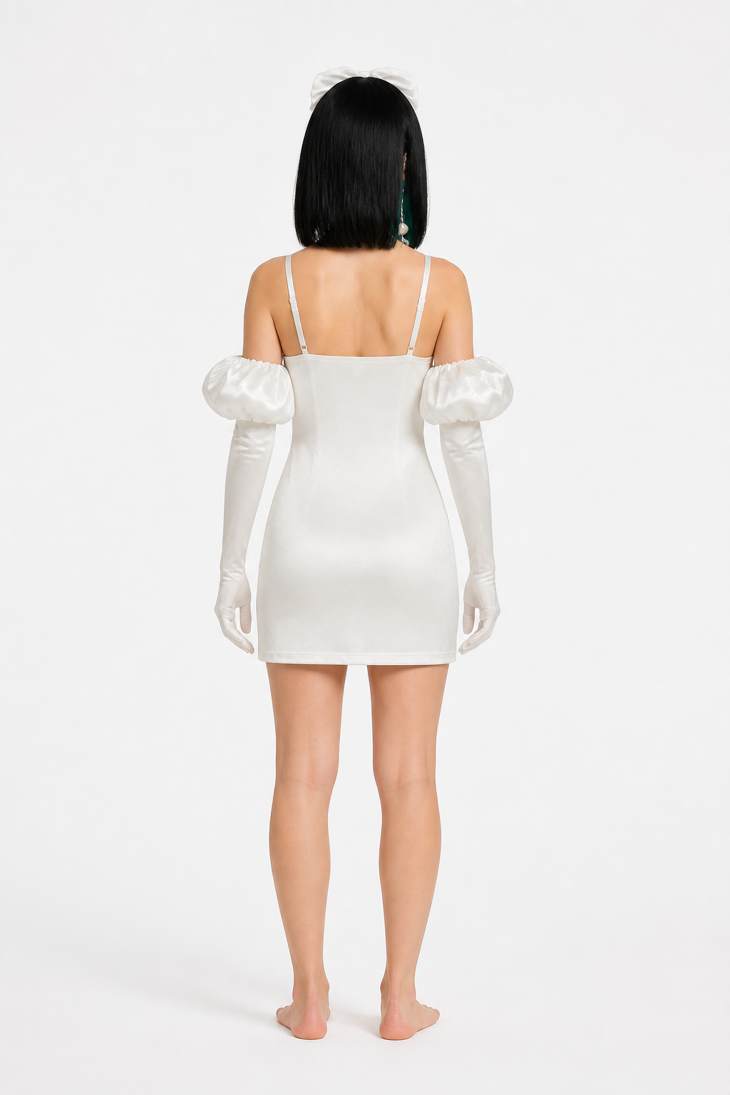 White Short Cosplay Dress with Bow and Wig back view