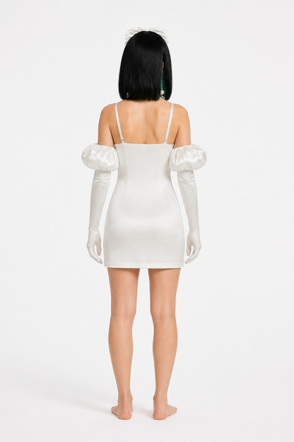 White Short Cosplay Dress with Bow and Wig back view