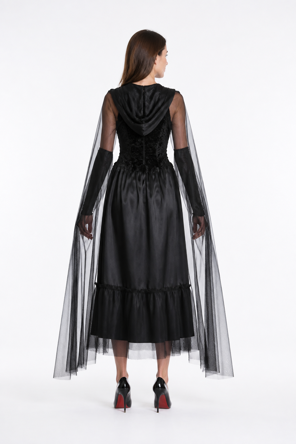 Black Ghost Bride Dress with Hood and Cape back view